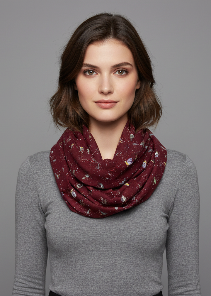 Lightweight summer infinity scarf with chic bird print pattern for women