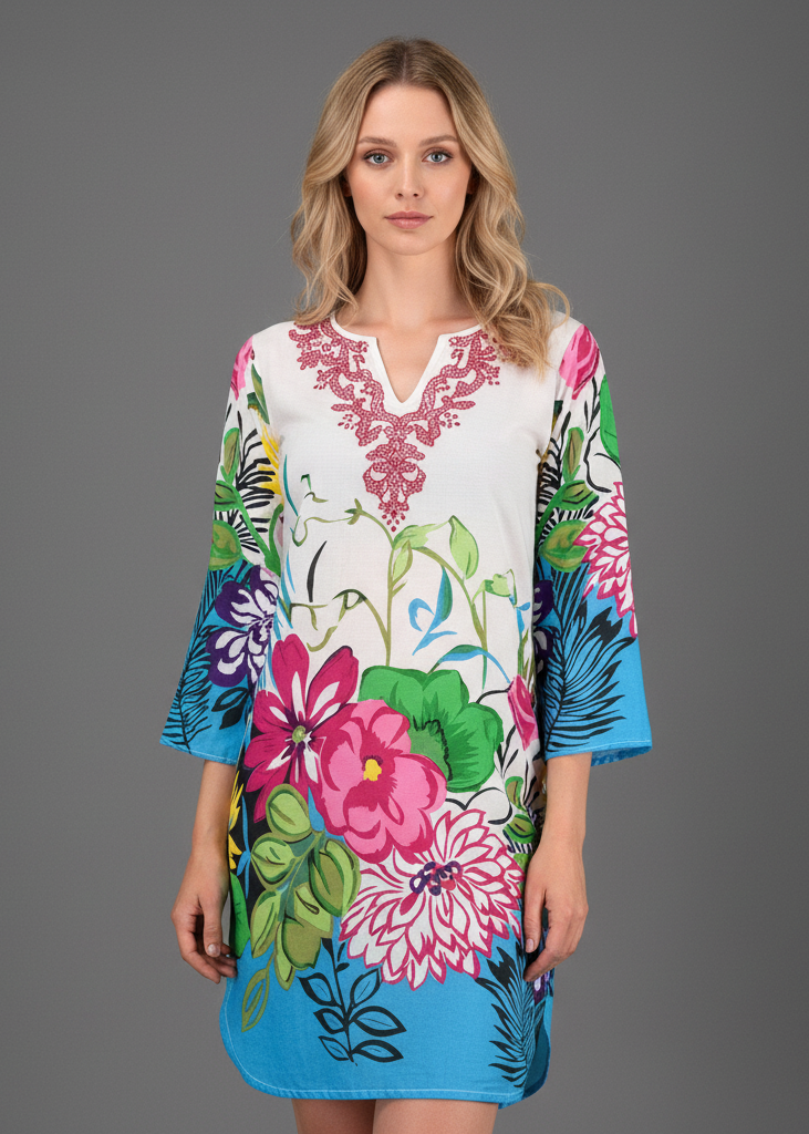 Fuchsia pink boho cotton floral embroidered beachwear cover-up tunic with sequin details.