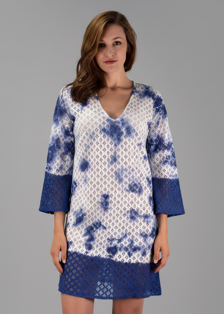 Blue lace beach bikini cover-up swimwear and beachwear tunic for women.