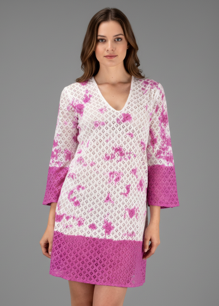 Fuchsia pink lace bikini cover-up and beachwear tunic for women featuring an intricate floral pattern.