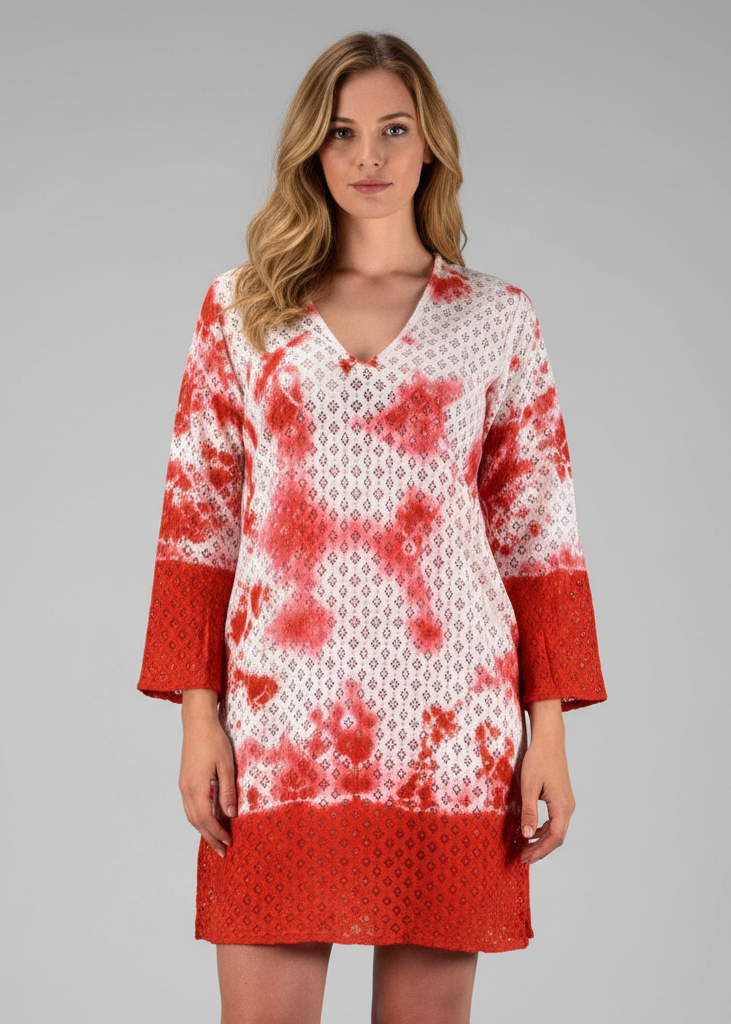 Red summer women's lace beach bikini cover-up swimwear tunic.