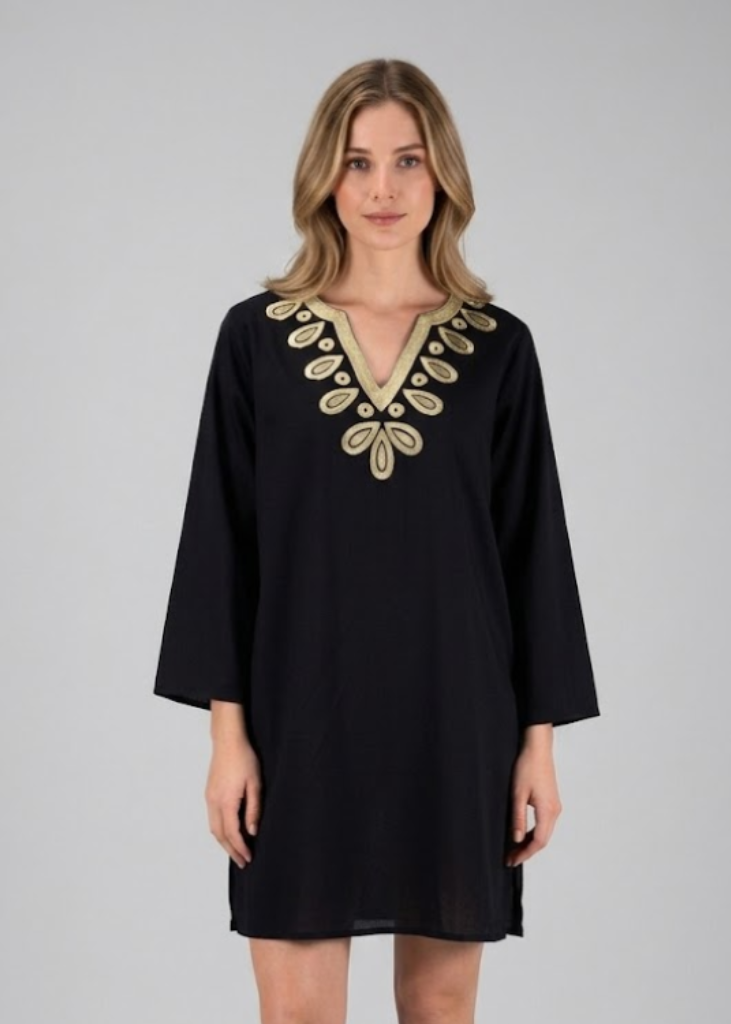 Black embroidered boho style beachwear cover-up tunic for women.