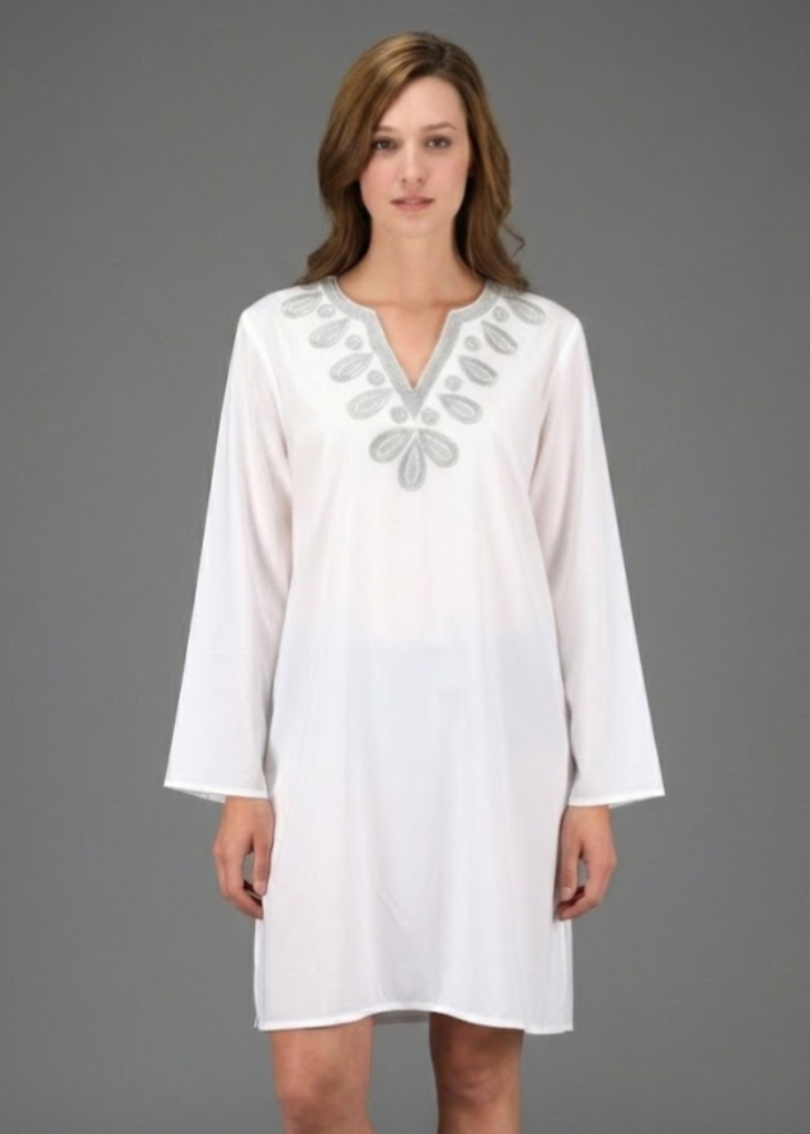 White boho-style embroidered cover-up tunic for women in white, ideal for swimwear and beachwear.