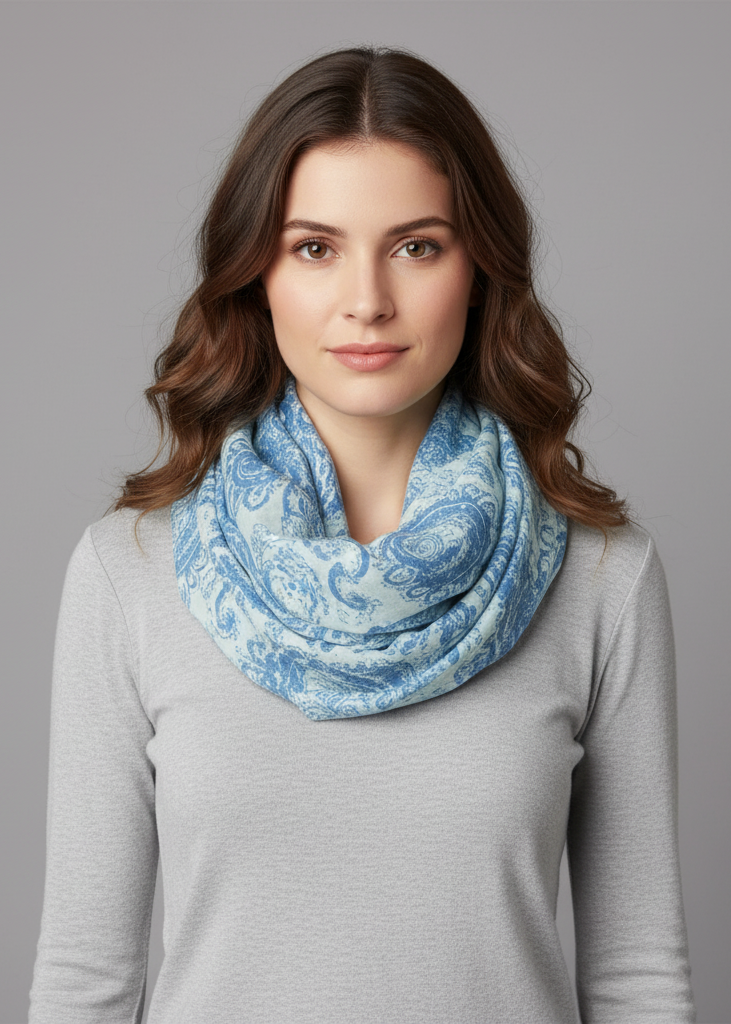 Lightweight sunflower and paisley print infinity loop scarf for women in a soft breathable floral fabric.