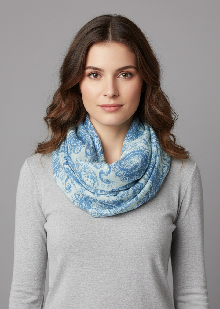 Lightweight sunflower and paisley print infinity loop scarf for women in a soft breathable floral fabric.