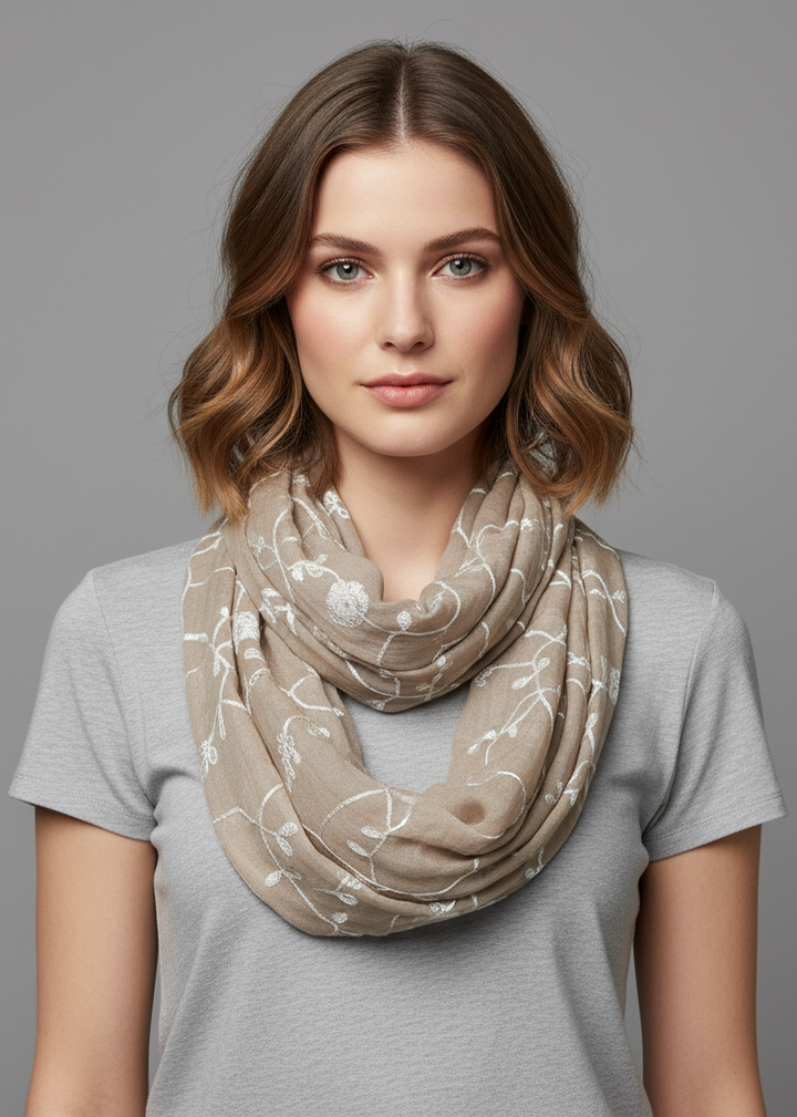 Sunflower taupe sheer floral embroidered infinity loop scarf for spring and summer fashion.