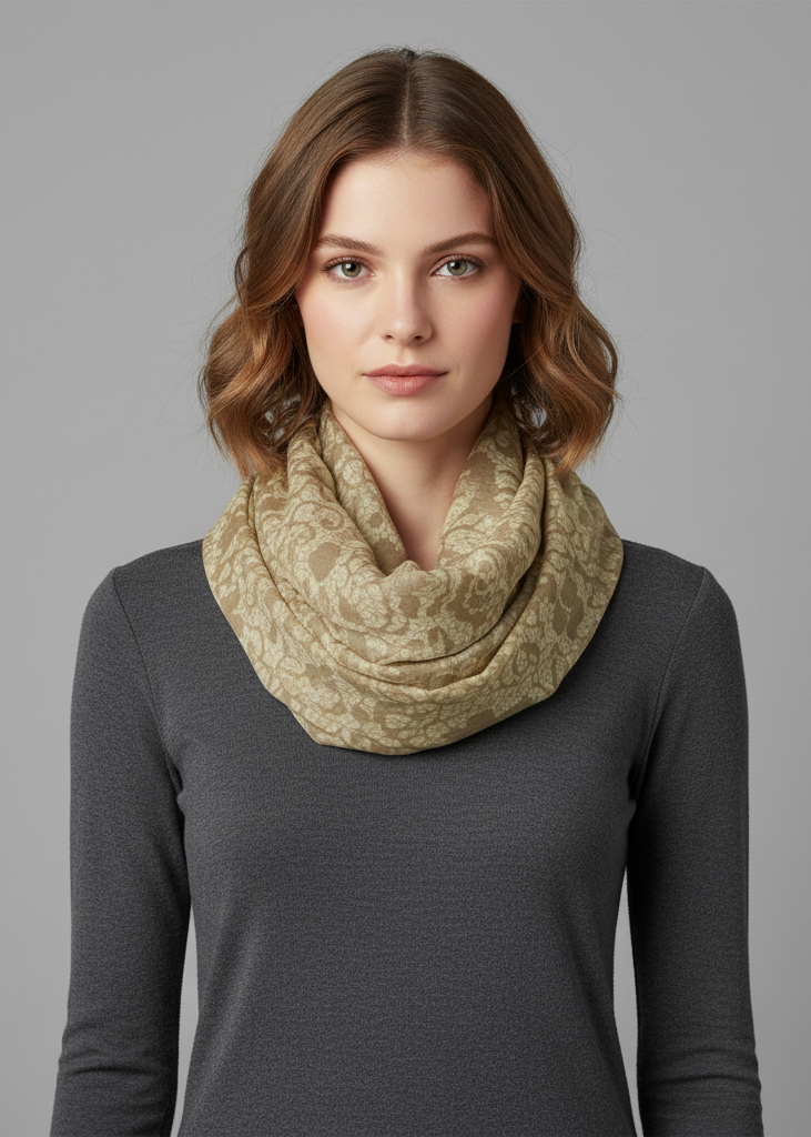 Tan-brown tropical Hawaiian hibiscus flower and lace design infinity loop scarf for women.