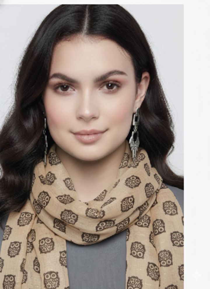 Lightweight summer sheer scarf with a soft peach and tan animal bird owl print pattern