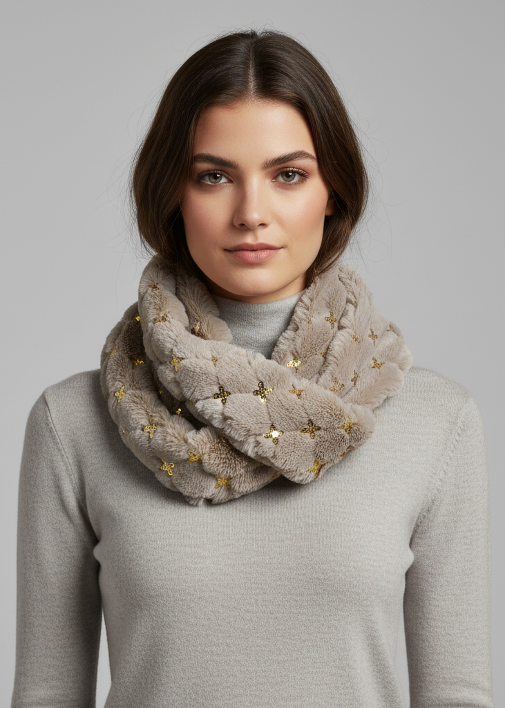 Tan faux fur solid color plush cowl collar infinity loop scarf for winter warmth and style.