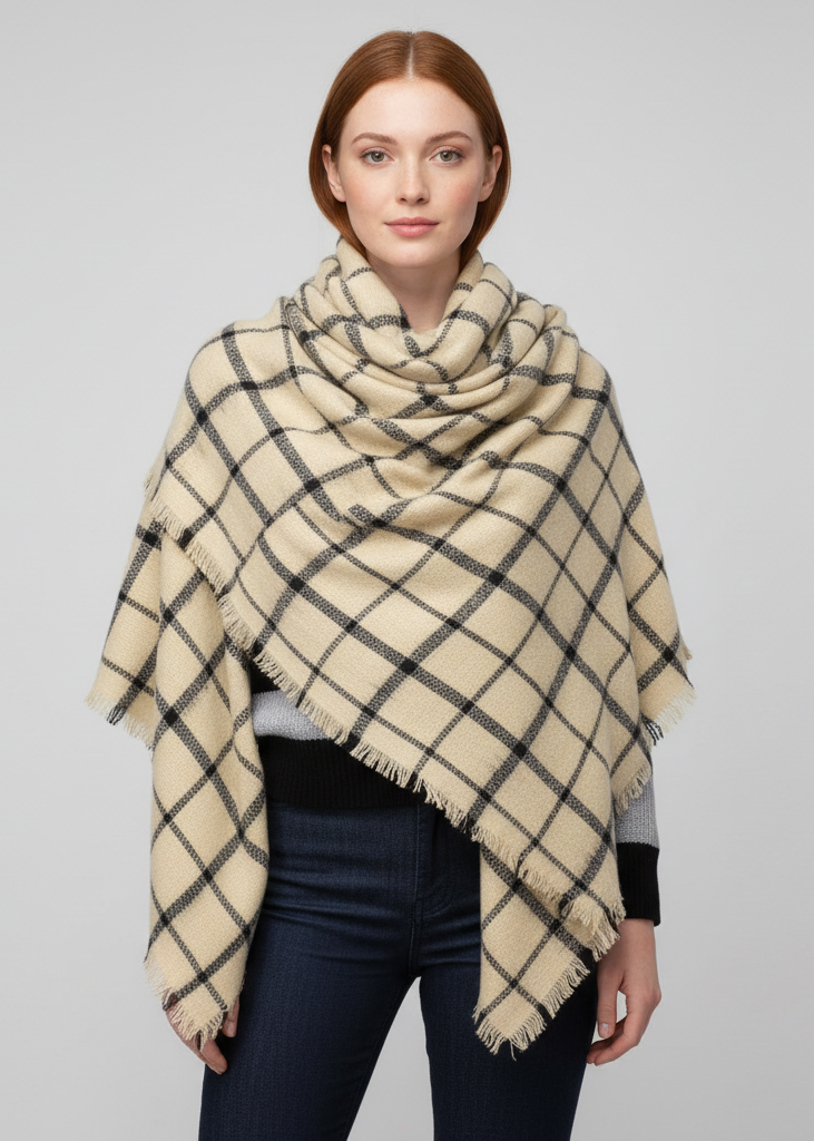 Tan black warm woven oversized tartan plaid blanket scarf shawl wrap