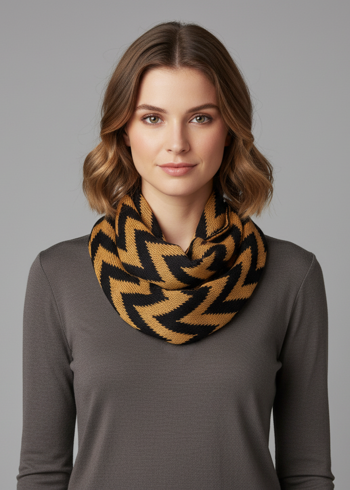 Tan classic knit chevron infinity loop scarf for stylish winter warmth.