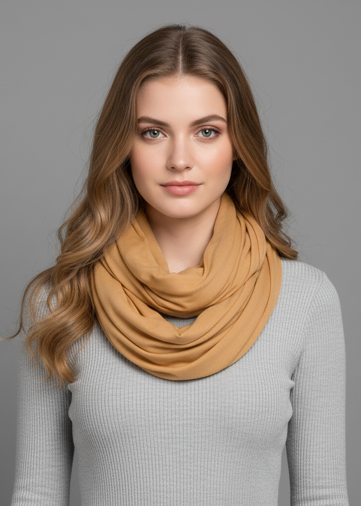 Tan peach cotton soft touch lightweight jersey knit infinity loop scarf for women.