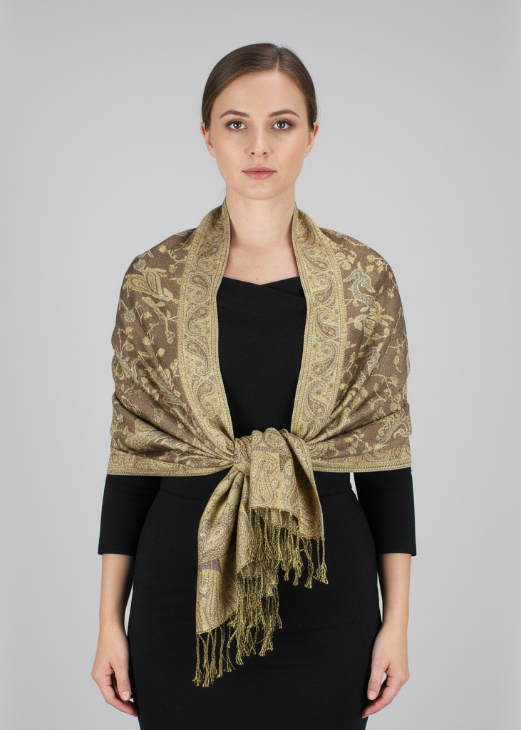 Reversible double-layer pashmina shawl with an elegant paisley pattern and fringe edges in tan and peach.
