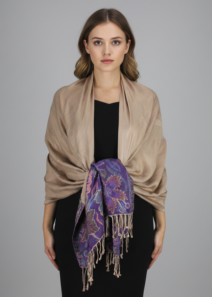 Reversible pashmina wrap shawl featuring a tan and peach paisley floral border design.