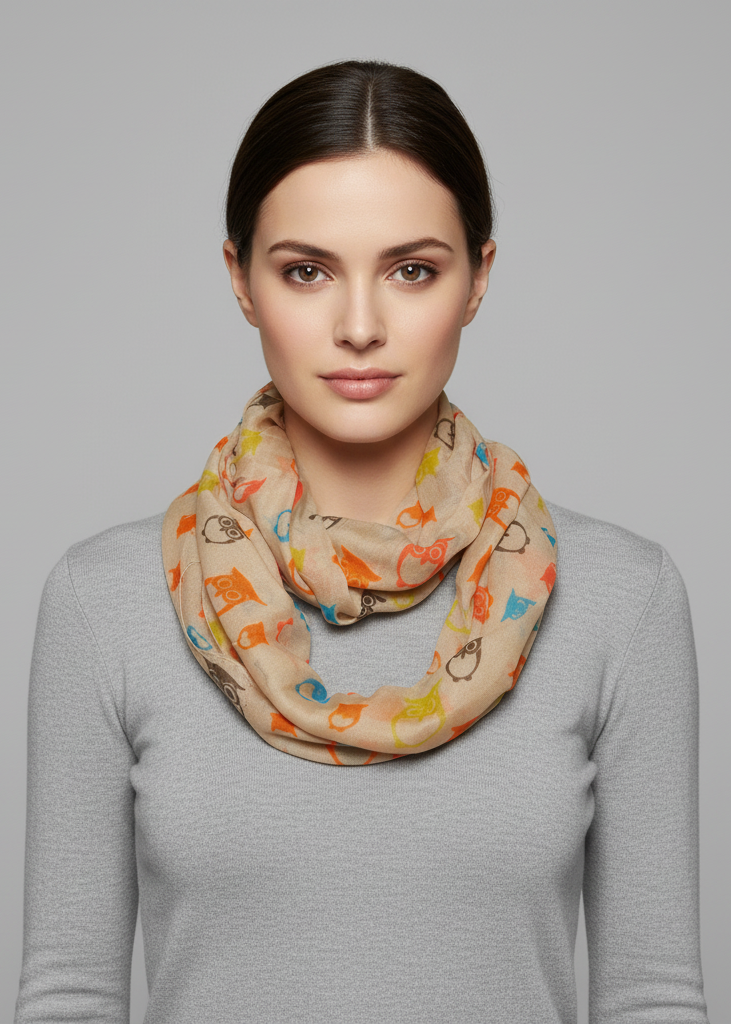 Lightweight vintage owl print infinity loop scarf in tan and peach colors for women.