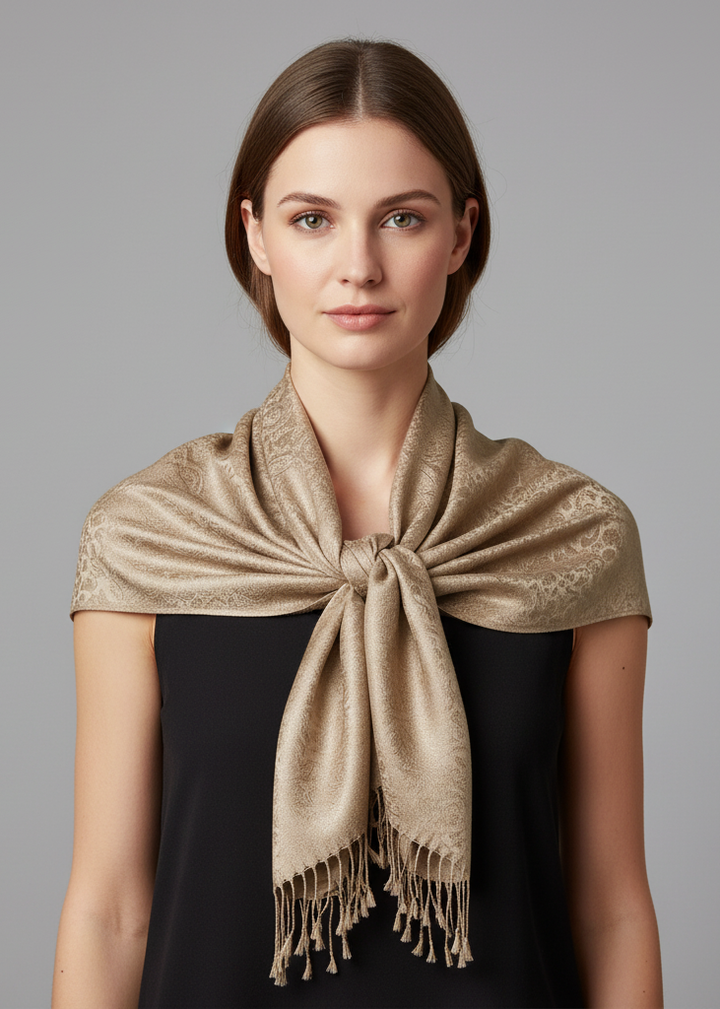 Elegant vintage solid jacquard paisley scarf shawl wrap in tan and peach.