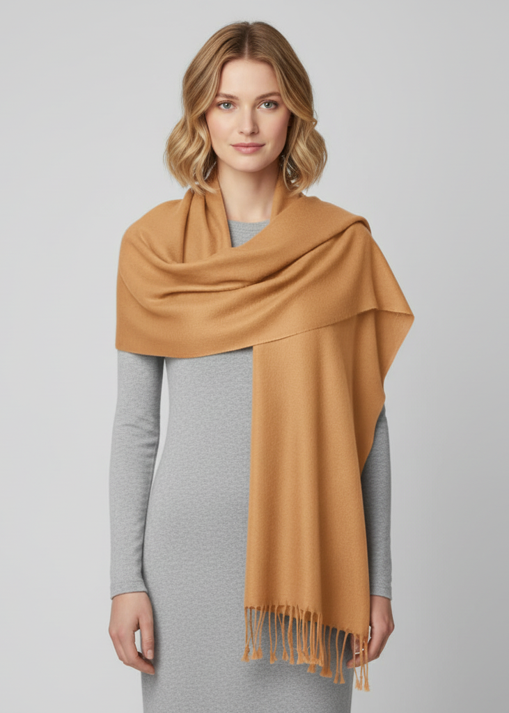 Elegant tan pure pashmina wool shawl featuring a soft hand-woven texture and traditional drape suitable for formal or casual wear