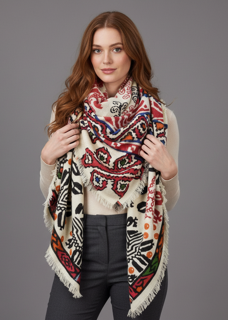 Tan red blue warm woven oversized tartan plaid blanket scarf shawl wrap