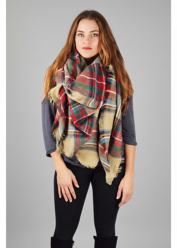 Tan red warm tartan plaid woven oversized fringe scarf blanket shawl wrap