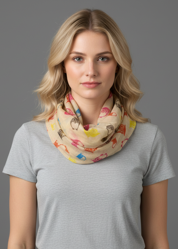 Soft tan lightweight sheer infinity scarf featuring a vintage owl and bird print pattern for women.