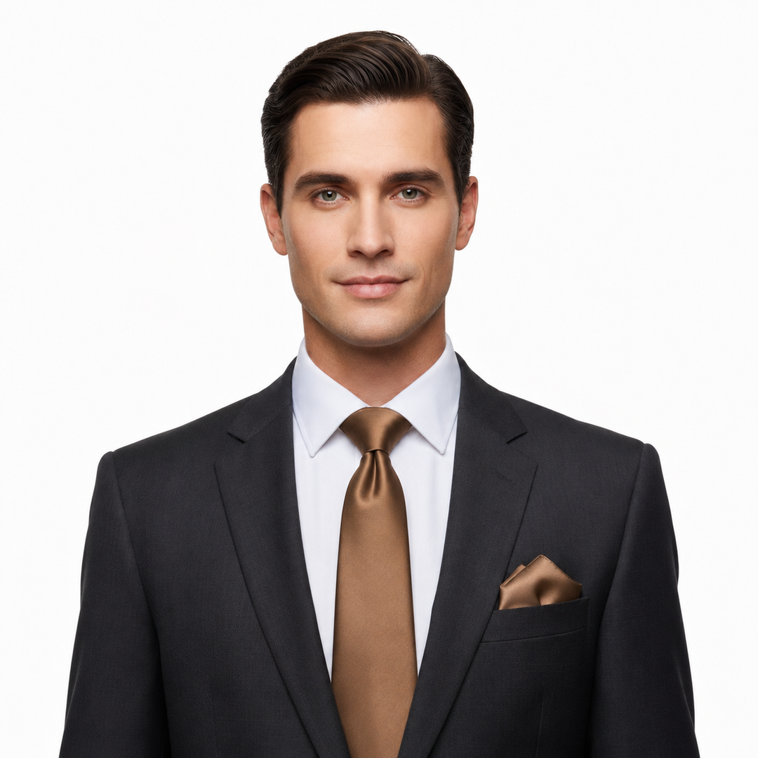 Tan Solid Necktie Set with Cufflinks and Pocket Square