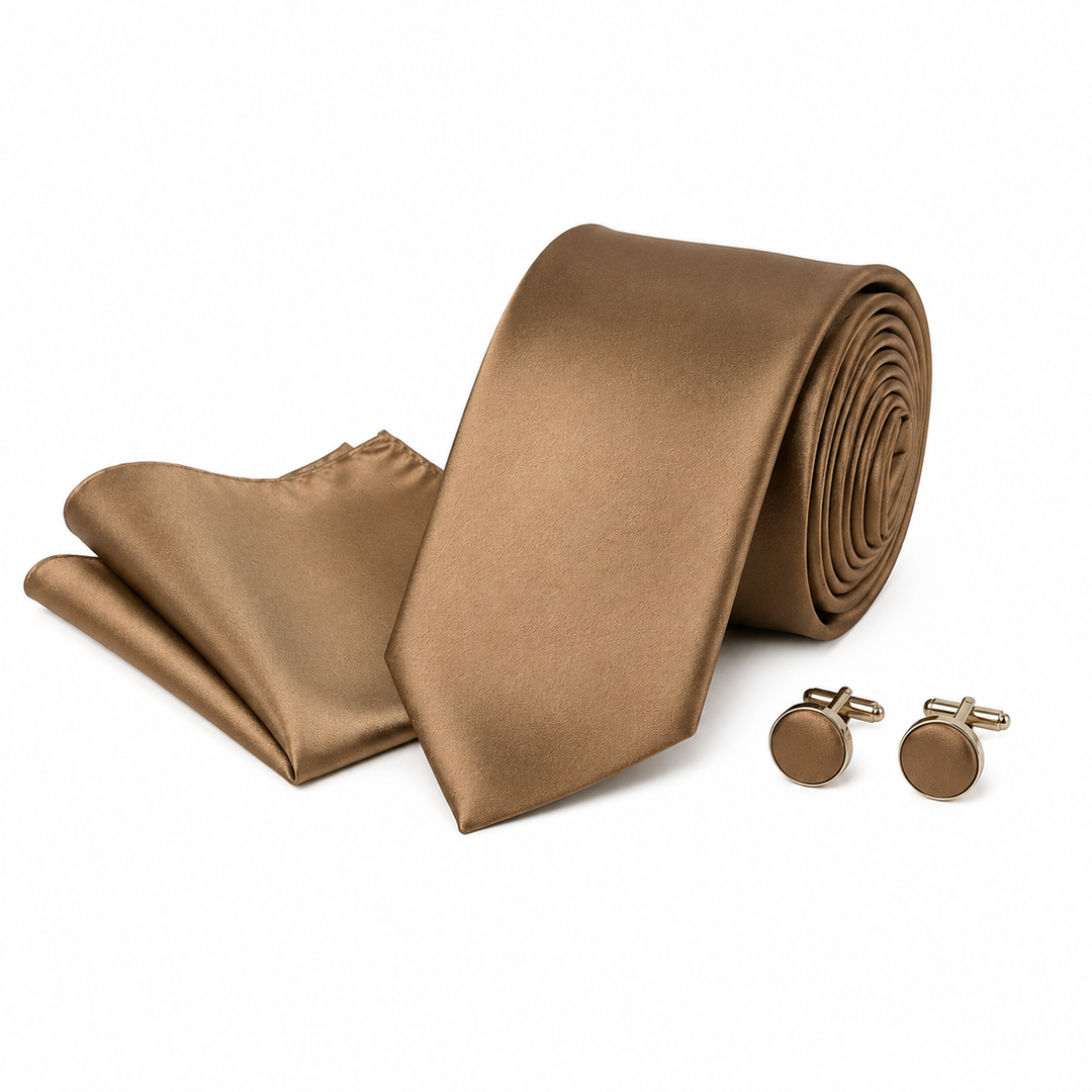 Tan Solid Necktie Set with Cufflinks and Pocket Square