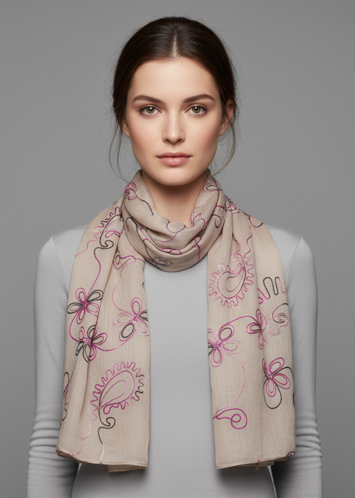Tan sheer summer scarf with embroidered floral blossom patterns and fringed edges