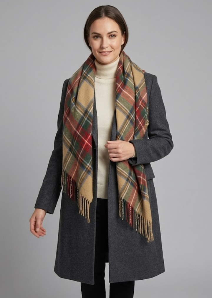 Tan red warm tartan plaid woven oversized fringe scarf blanket shawl wrap