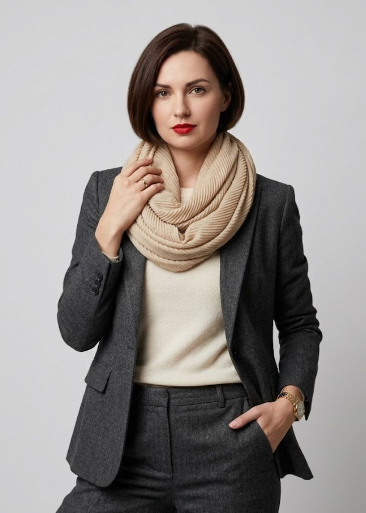 Lightweight Sheer Shimmering Crinkled Pattern Infinity Loop Scarf (Beige)