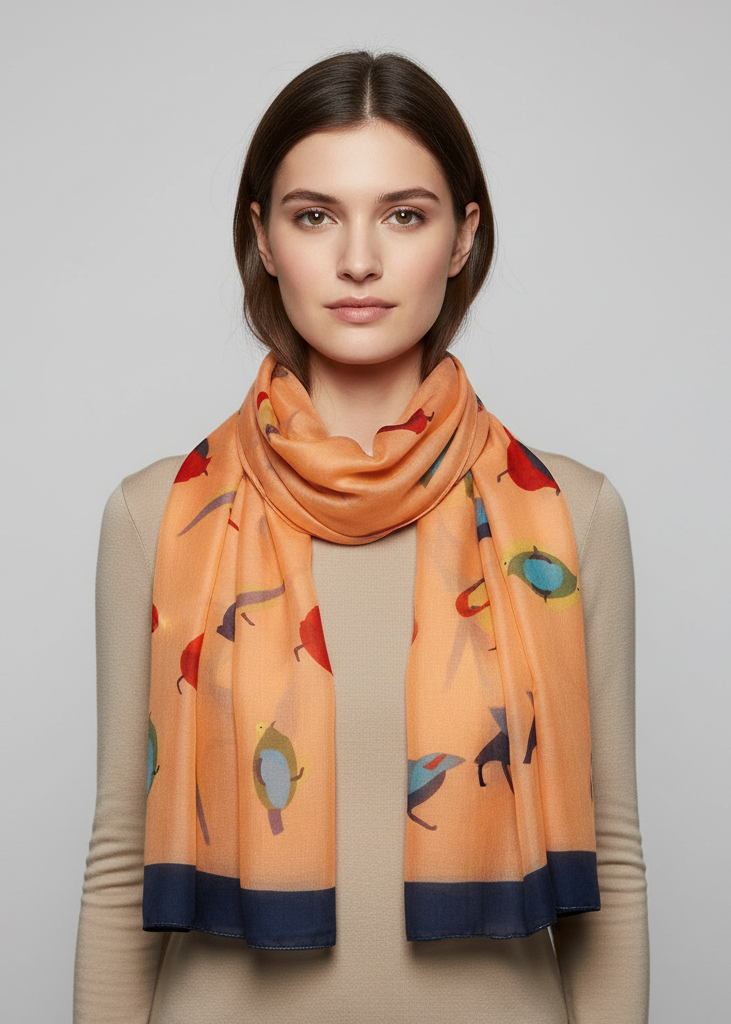 Lightweight vintage style graphic finch bird print scarf in tangerine and peach colors