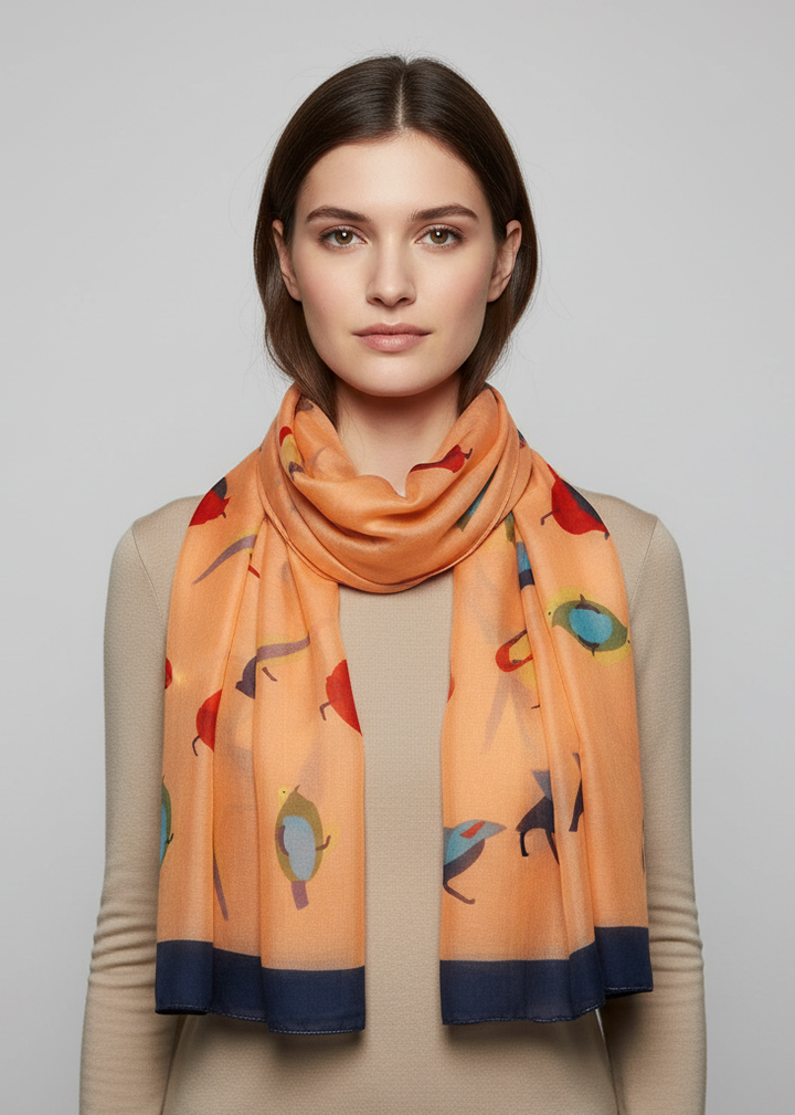 Lightweight vintage style graphic finch bird print scarf in tangerine and peach colors