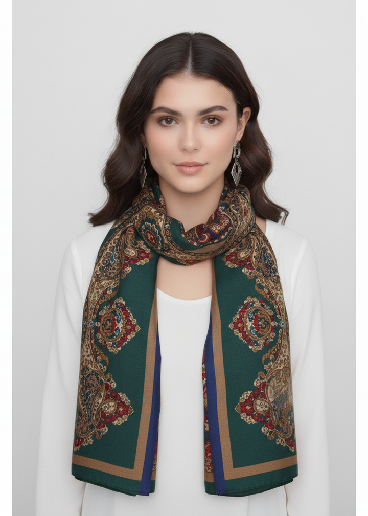 Taupe, blue, green, and red scarf featuring a paisley damask pattern and fringe edges