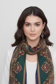 Taupe/Blue/Green/Red Paisley Damask Fringe Scarf