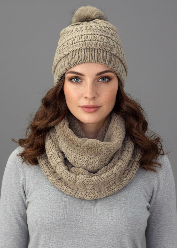 Taupe thick crochet weave beanie hat and plush infinity loop scarf winter set.