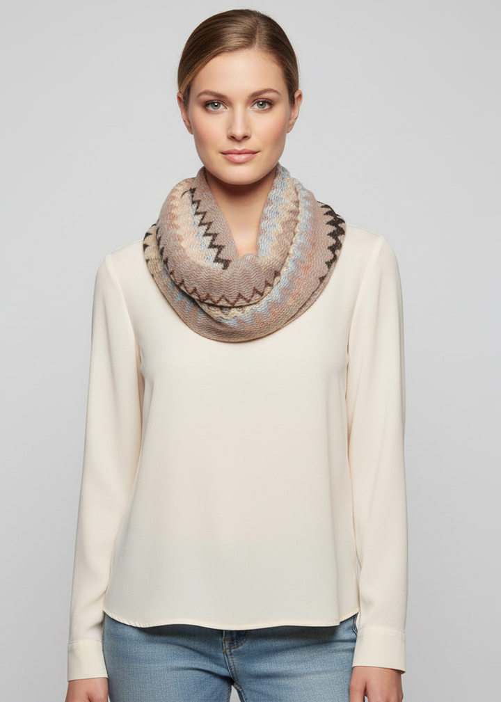 Taupe Chevron Multicolored Zigzag Knitted Loop Scarf Available in Many Colors