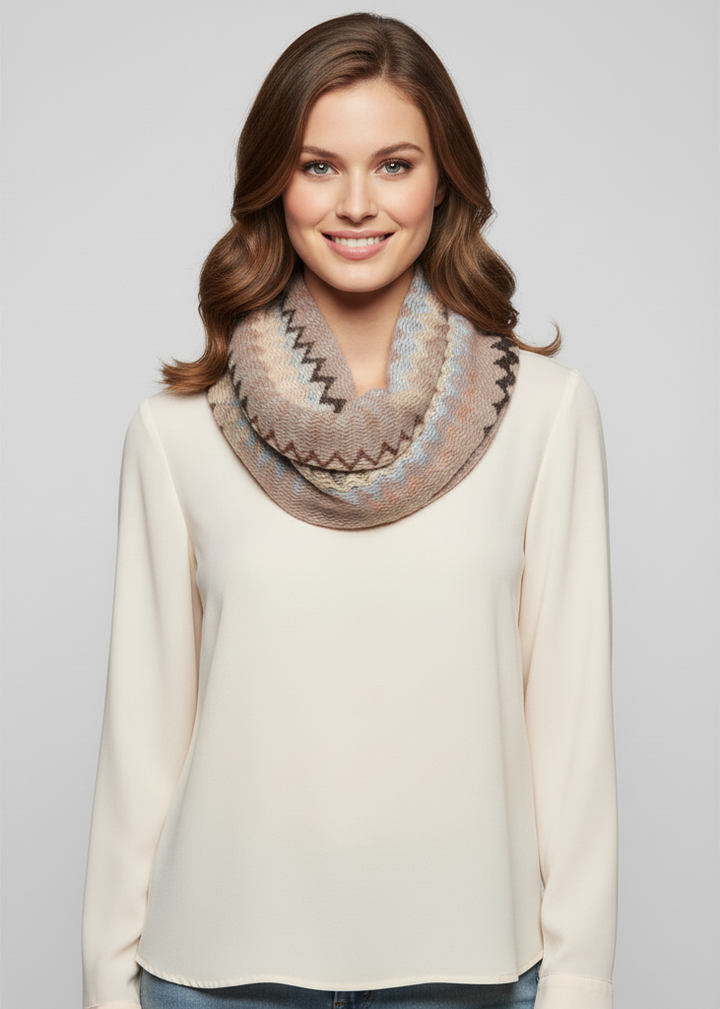 Taupe chevron multicolored zigzag knitted loop scarf for stylish winter warmth.