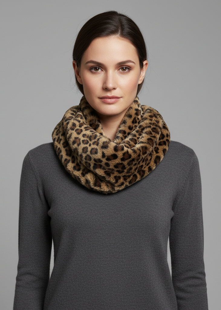 Taupe and peach leopard zebra print faux fur plush cowl collar infinity loop scarf.