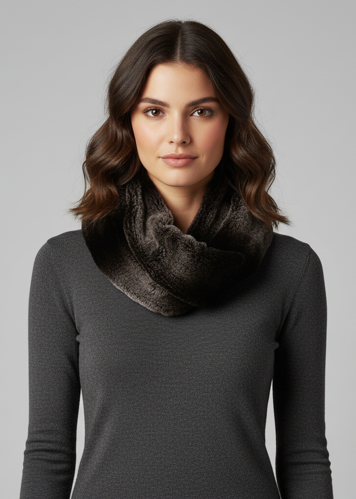 Taupe and pink two tone faux fur infinity loop scarf with a plush cowl collar for winter warmth.