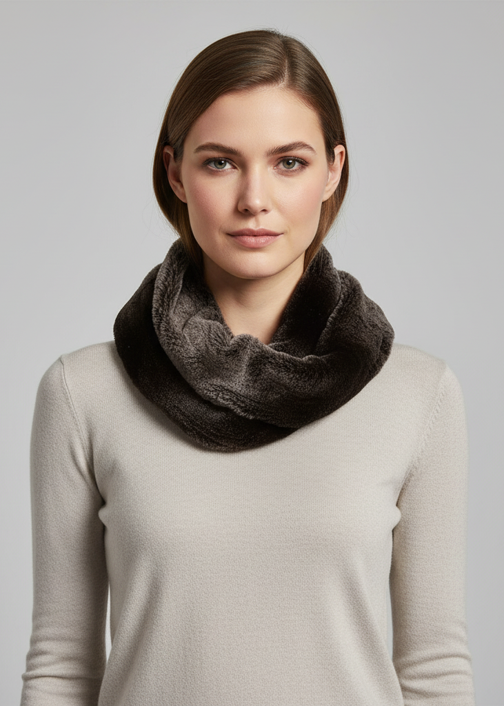 Taupe pink plush cowl collar faux fur two tone infinity loop scarf for winter warmth and style.