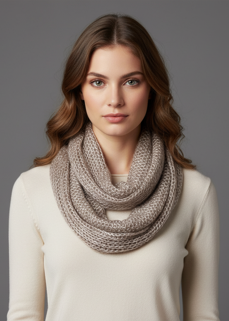 Taupe shimmering winter warm cozy sparkle infinity loop cowl scarf.