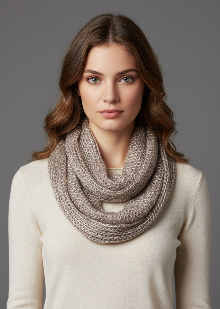 Taupe shimmering winter warm cozy sparkle infinity loop cowl scarf.