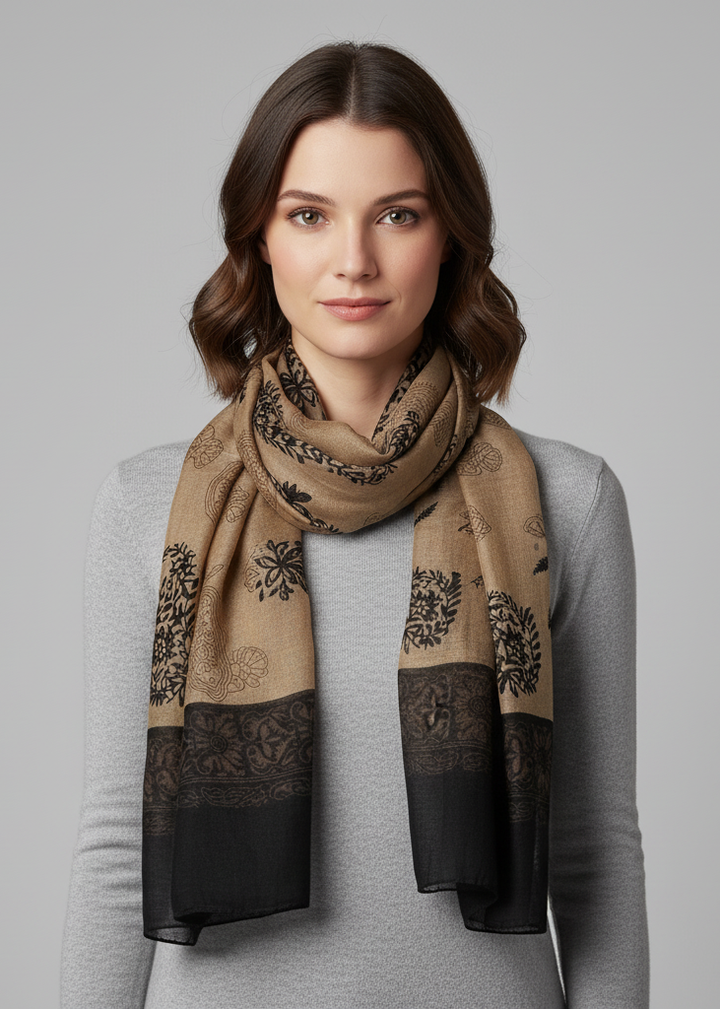 Taupe and black lightweight scarf featuring a tribal flower graphic and paisley print suitable for all seasons