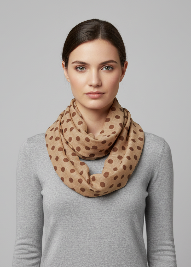 Lightweight taupe and brown sheer infinity loop scarf with a polka dot circle print for women.