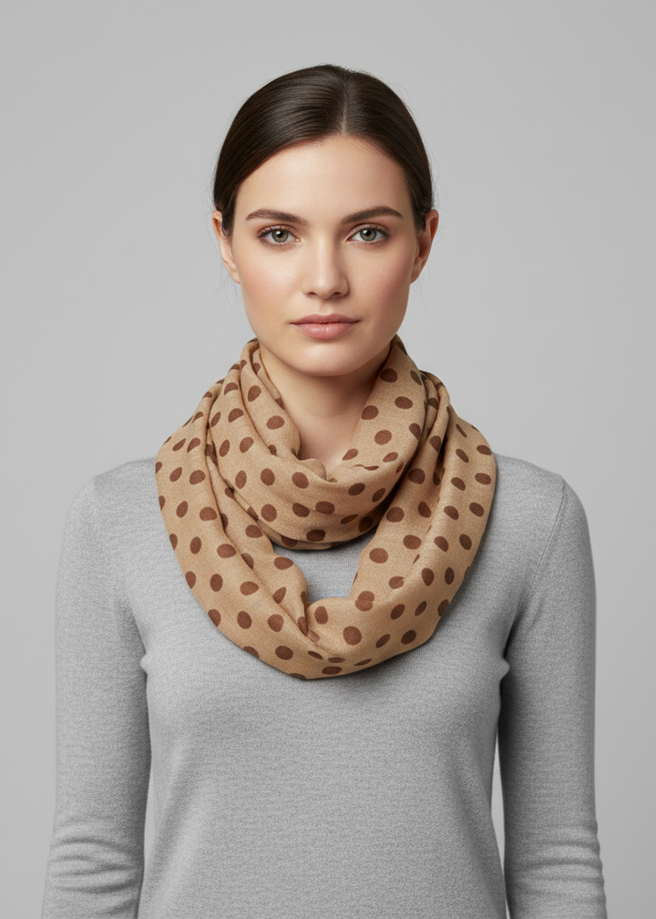 Lightweight taupe and brown sheer infinity loop scarf with a polka dot circle print for women.