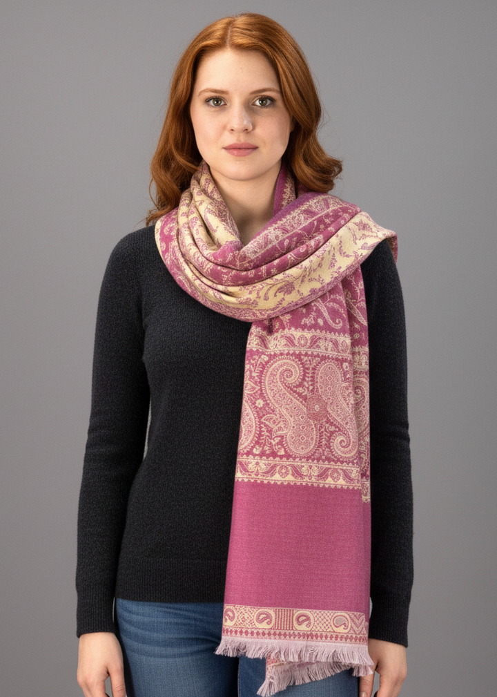 Taupe and purple reversible paisley pashmina shawl featuring a thick 4-ply weave and fringe trim.