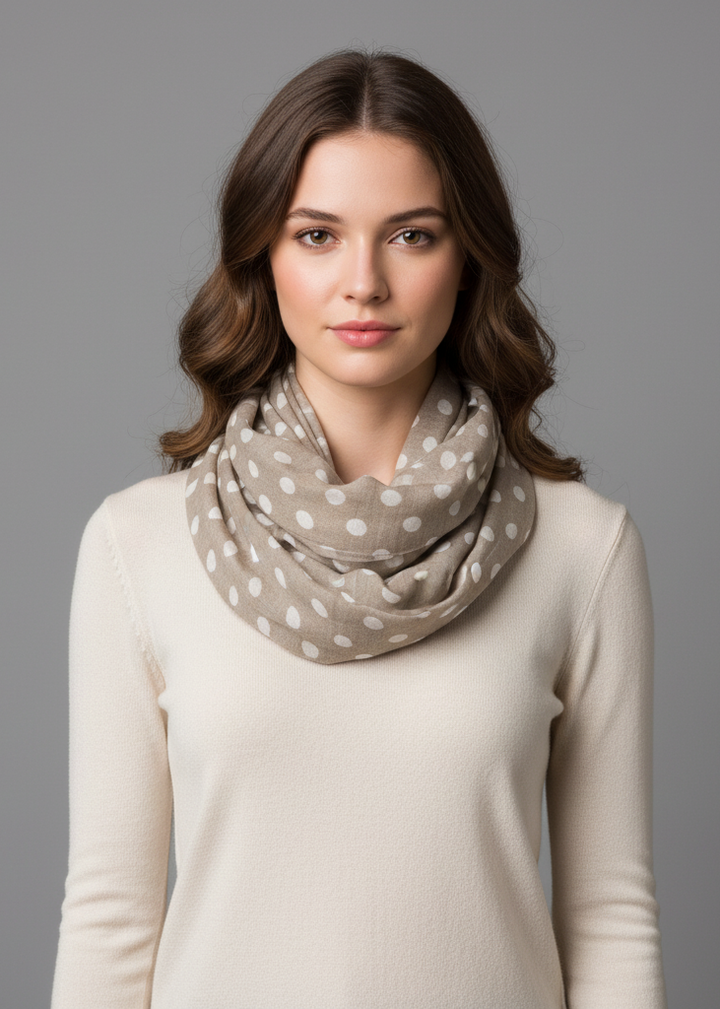 Light and sheer taupe and white polka dot infinity loop scarf for women.