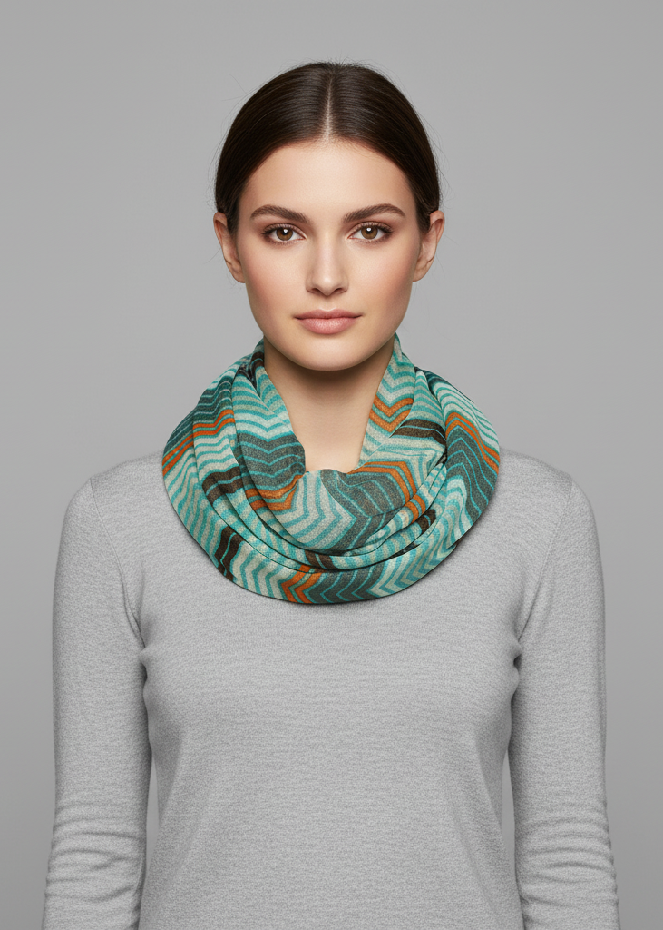 Modern radiant multicolored chevron geometric infinity loop scarf for stylish layering and year-round comfort.