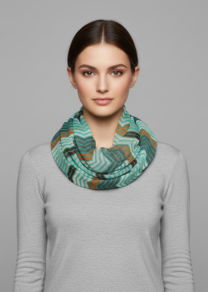 Modern radiant multicolored chevron geometric infinity loop scarf for stylish layering and year-round comfort.