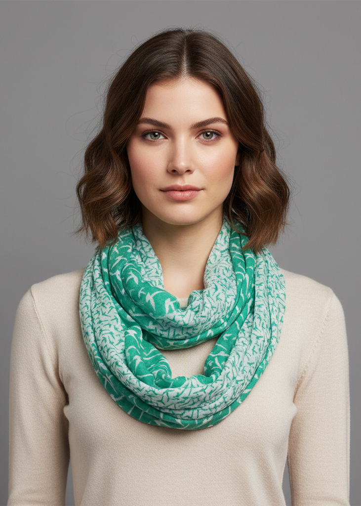 Beautiful teal and white peach-toned infinity loop scarf featuring a vintage-inspired two-colored bird print pattern.