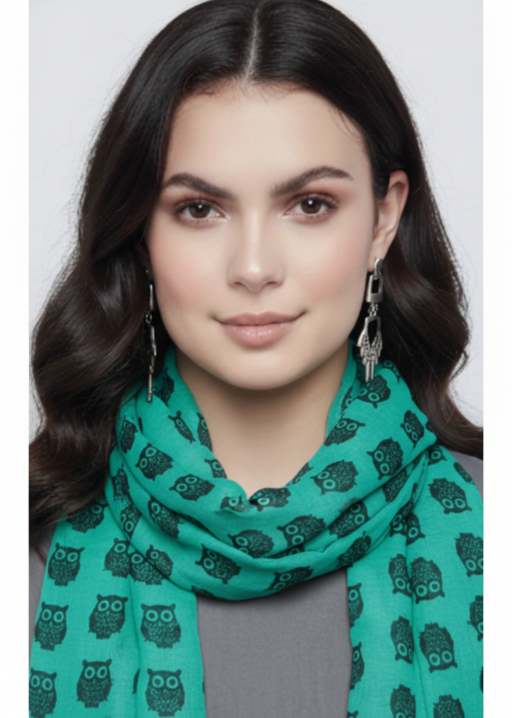 Lightweight teal sheer scarf featuring an elegant all-season animal owl print pattern for women